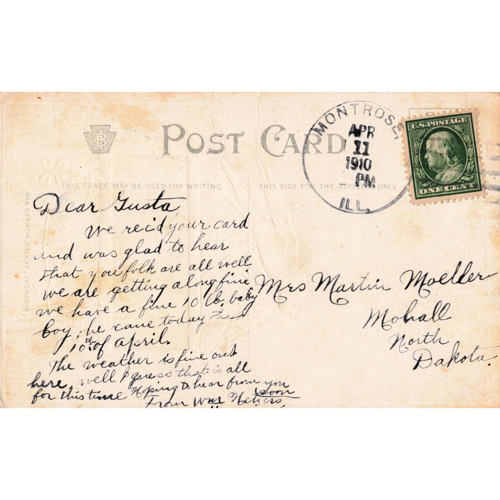Antique 1910 Best Wishes Postcard Blue Swallow Bird Landscape 1c Franklin Stamp - Picture 2 of 2